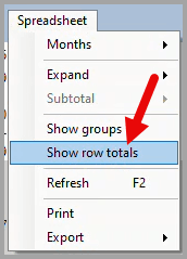 Cash plan spreadsheet row totals menu
