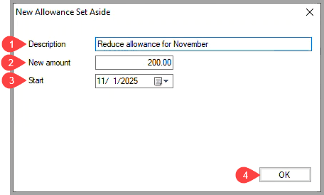 New Allowance Set Aside dialog box