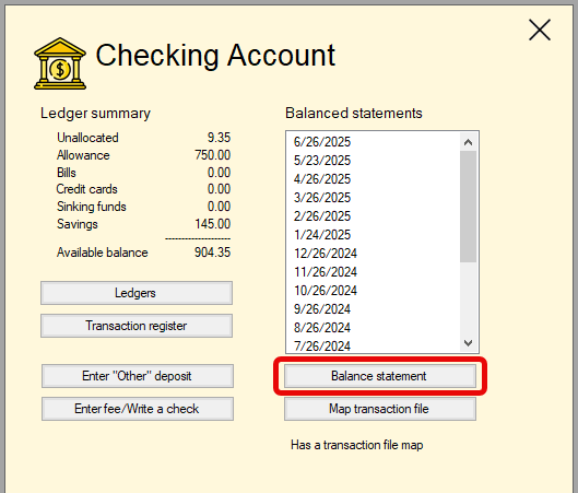 Click on the Balance statement button