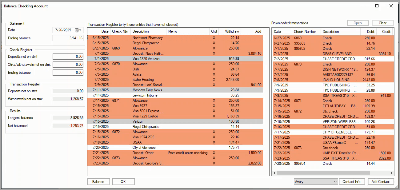 Balance Checking Account window