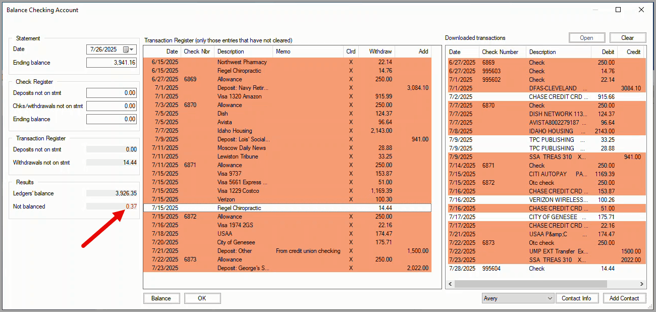 Balance Checking Account window