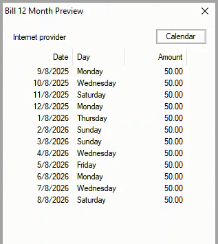 Twelve month bill payment preview