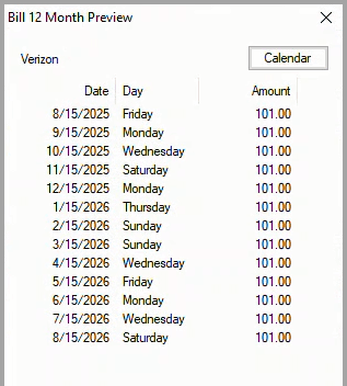 Twelve month bill payment preview