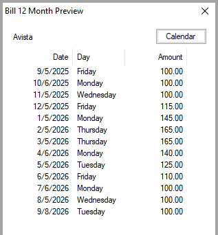 Twelve month bill payment preview