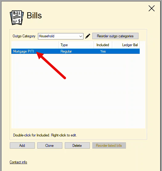 Right-click on the bill being edited