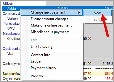 Bill pop-up menu