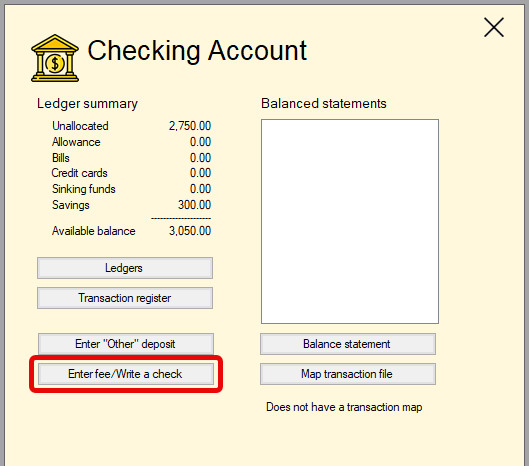 Click on the Enter fee/Write a check button