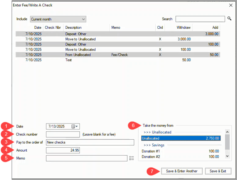 Enter Fee/Write A Check window