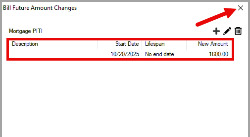 Bill Future Amount Changes dialog box