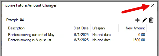 Income Future Amount Changes window