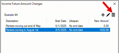 Income Future Amount Changes window