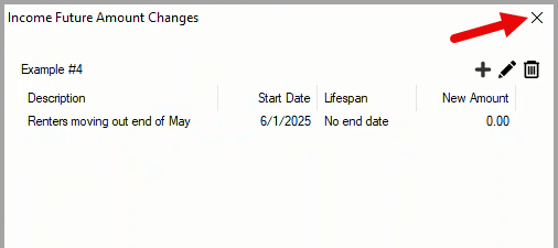 Income Future Amount Changes window