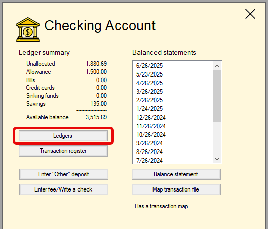 Click on the Ledgers button