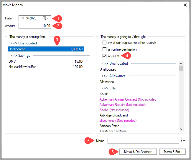 Move money dialog box