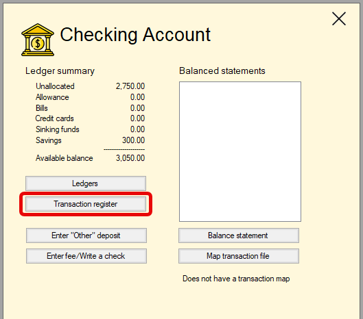 Click on the Transaction register button