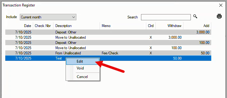 Transaction register pop-up menu