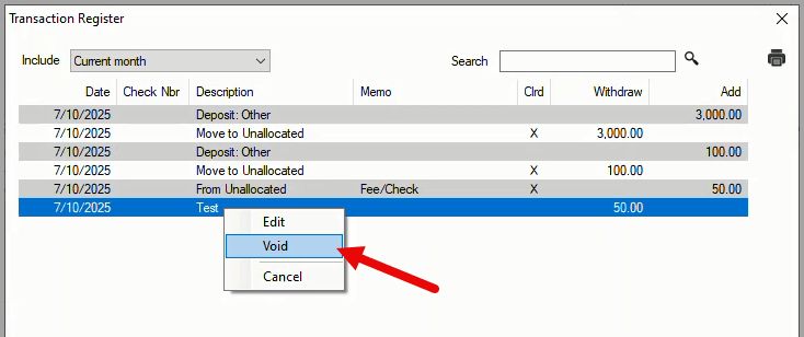 Transaction register pop-up menu