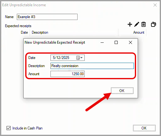 New Unpredictable Expected Receipt dialog box