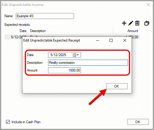 Edit Unpredictable Expected Receipt dialog box